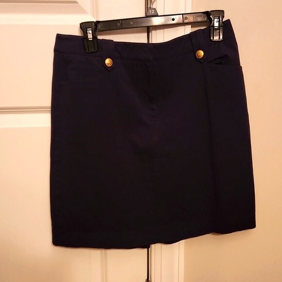 J. McLaughlin Nautical Navy Stretch Pencil Skirt w/ Zipper & Gold Buttons Size 8 - Picture 1 of 6